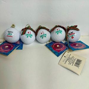 NWT. 5 golf ball ornaments. 4 out of 5 have little bows. Writing on each ball